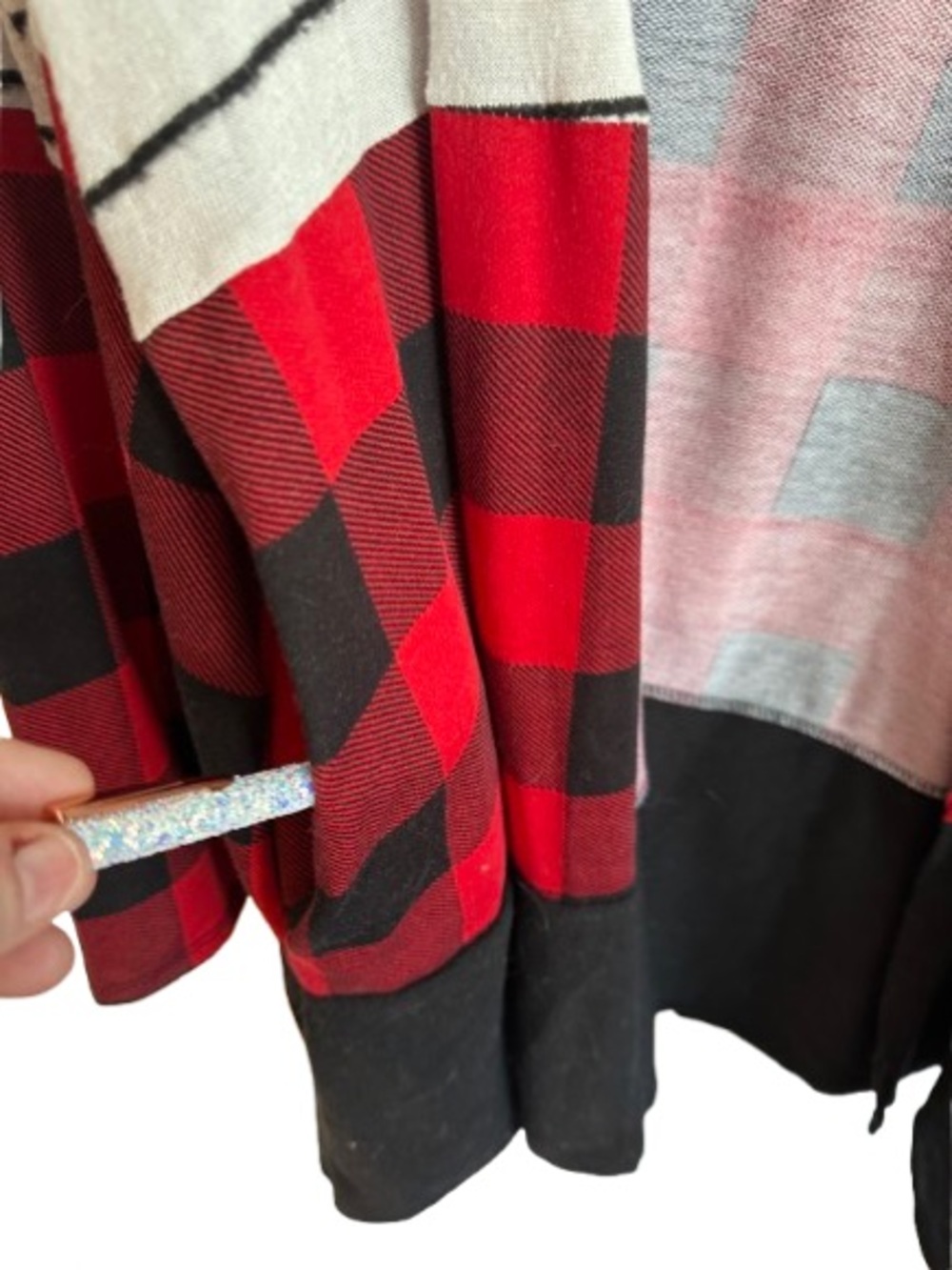 Striped & Buffalo Plaid Open Cardigan - Cream, Red, Black - Picture 4 of 6